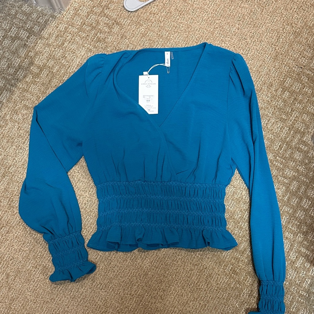 Glam Teal Smocked V-Neck Blouse